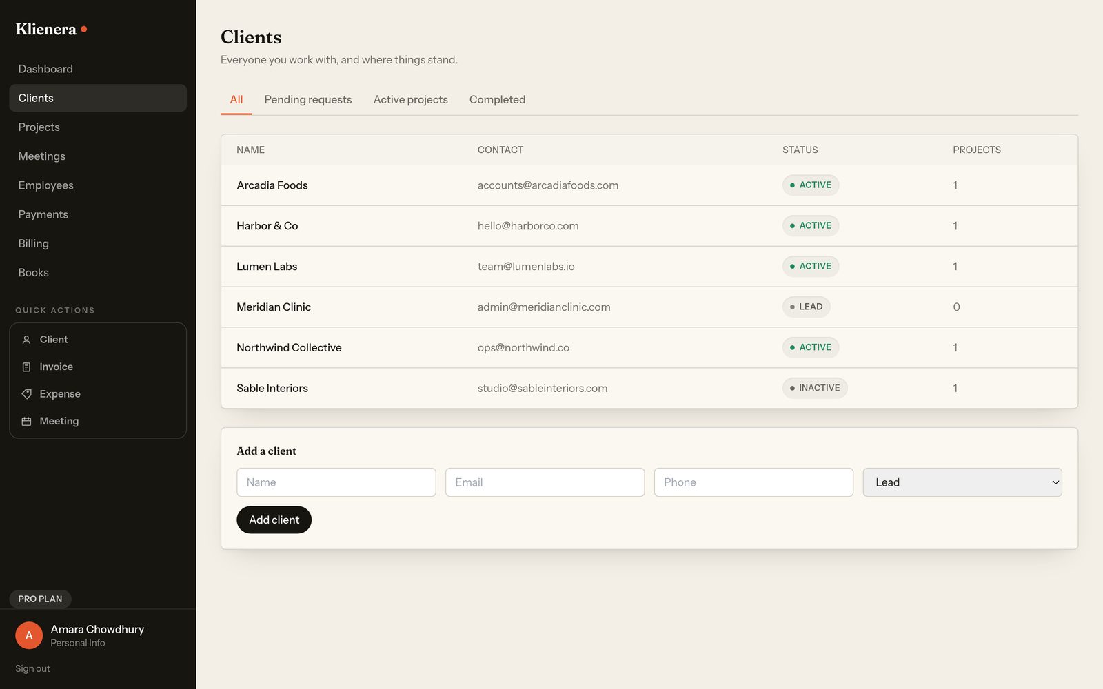 Clients screen in Klienera