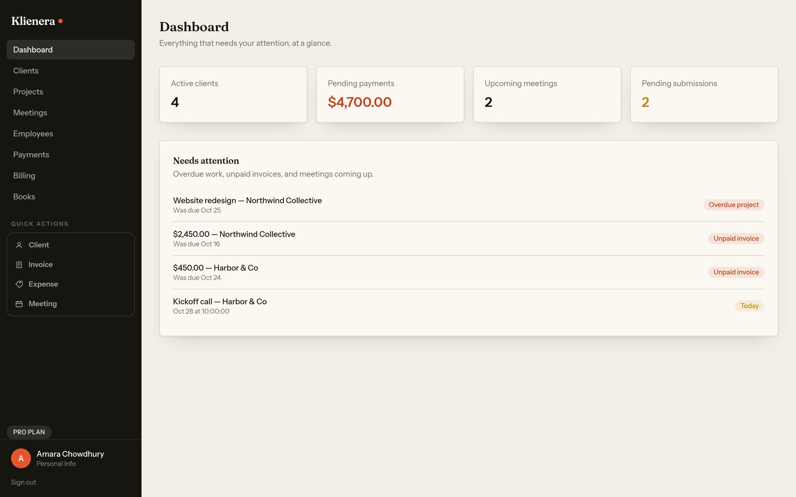 The dashboard screen in Klienera