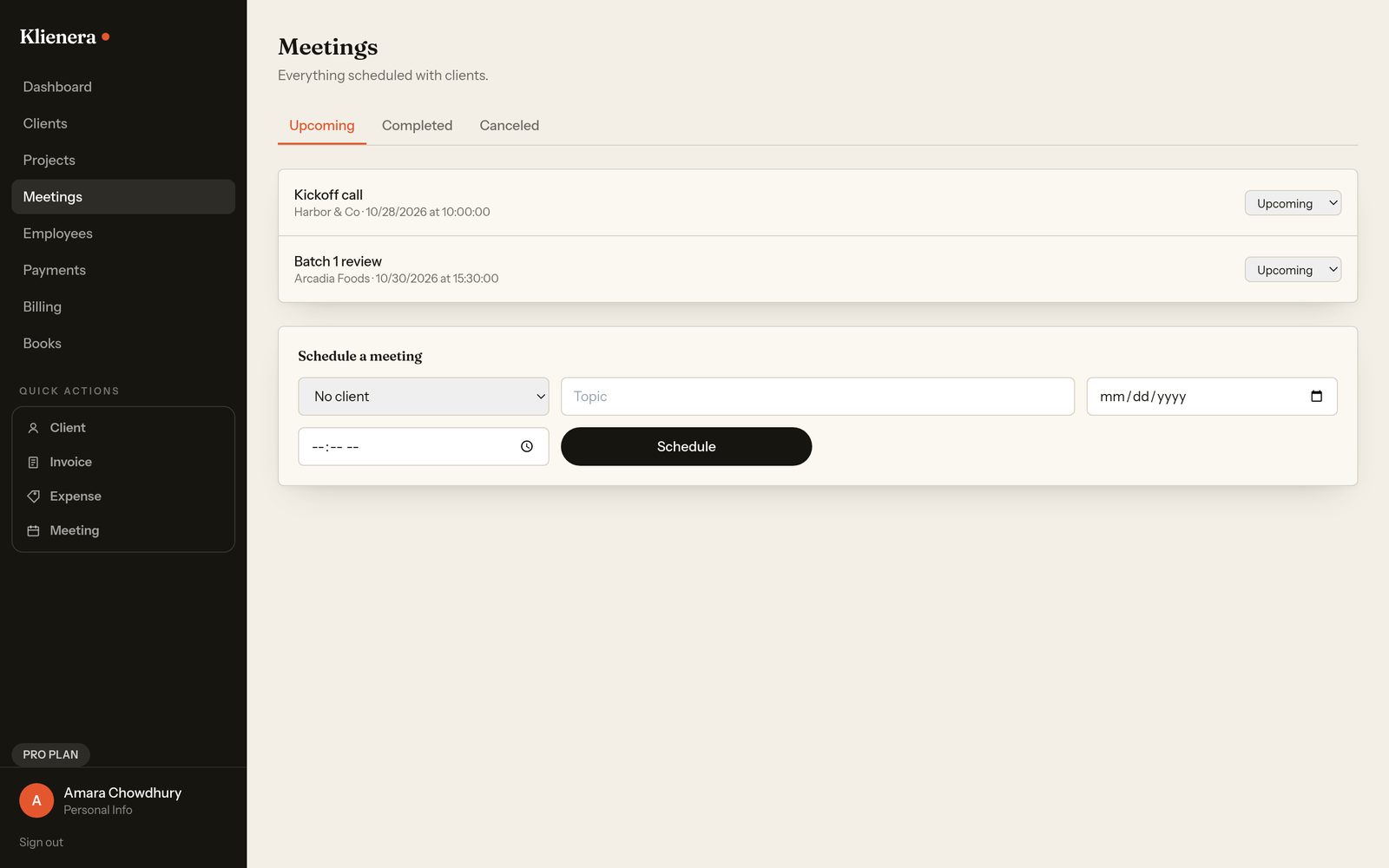 Meetings screen in Klienera
