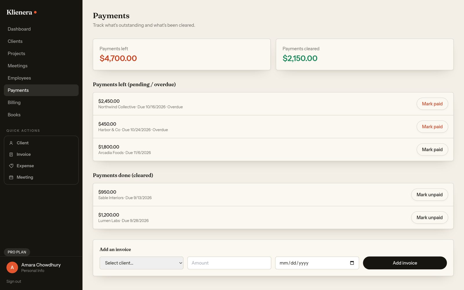 Payments screen in Klienera