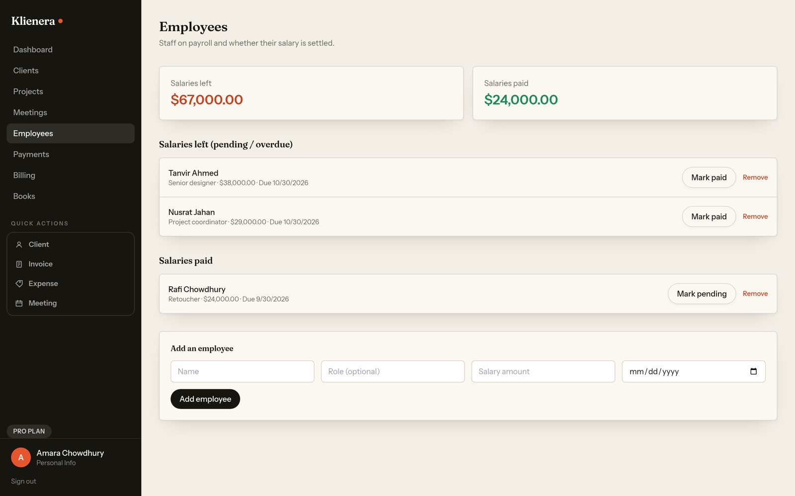 Employees and payroll screen in Klienera