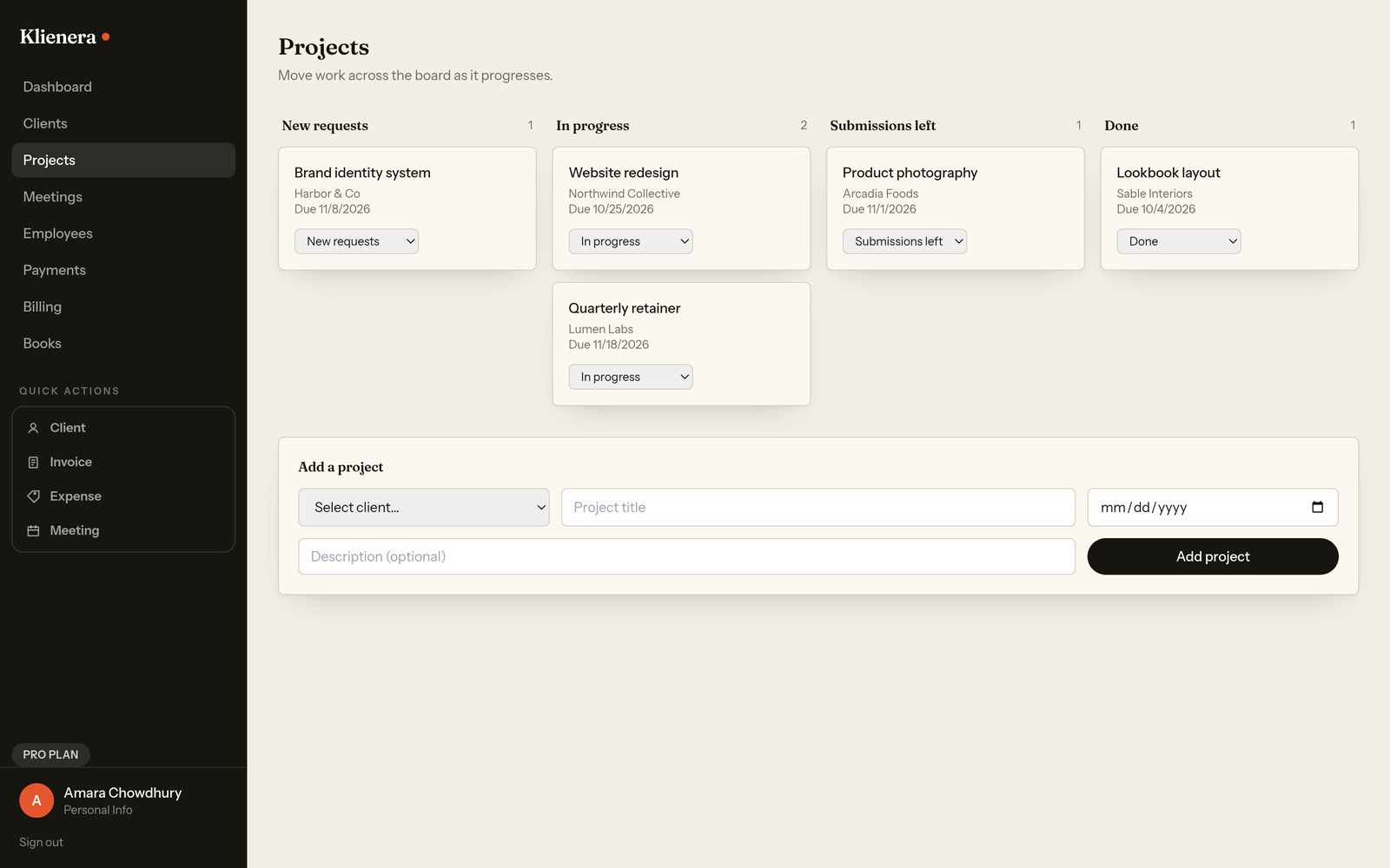 Projects screen in Klienera